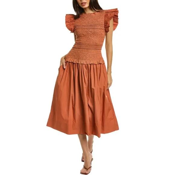 ULLA JOHNSON Women's Madeline Midi Dress Size 2 Orange Clay Ruffle Smocked NWT - Picture 1 of 13